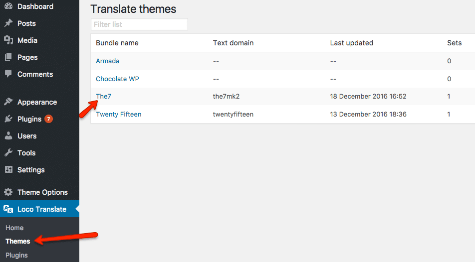 loco translate and the7 theme