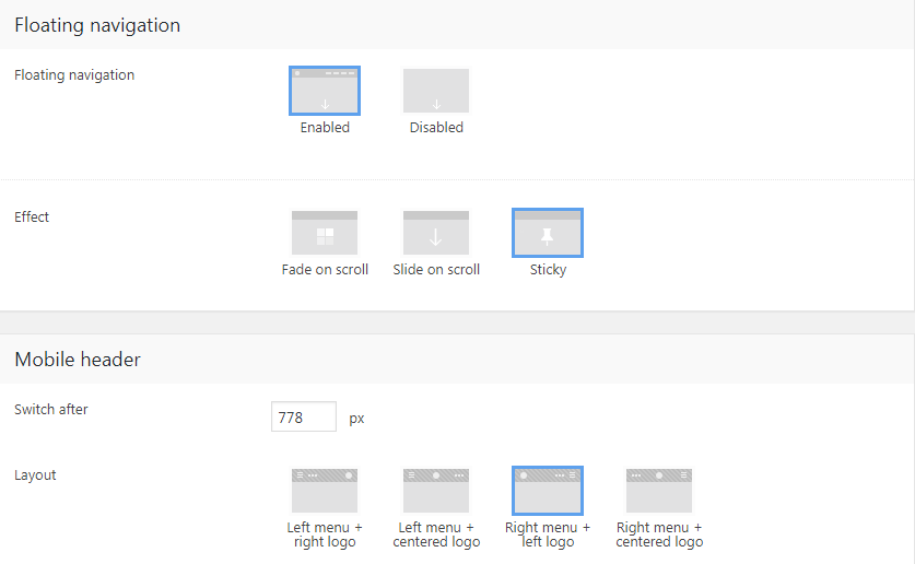 Fig. 5. Floating navigation and Mobile header settings