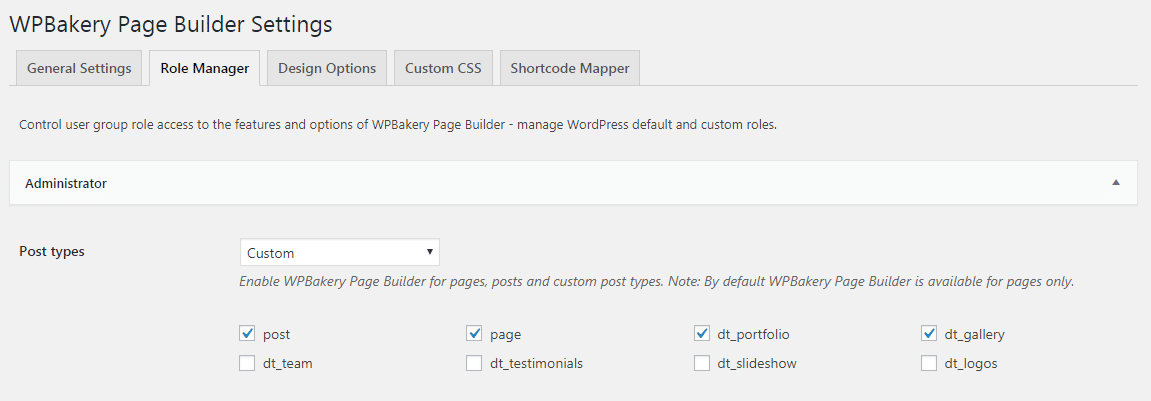 Fig. 1. Enable WPBakery page builder for a post type.